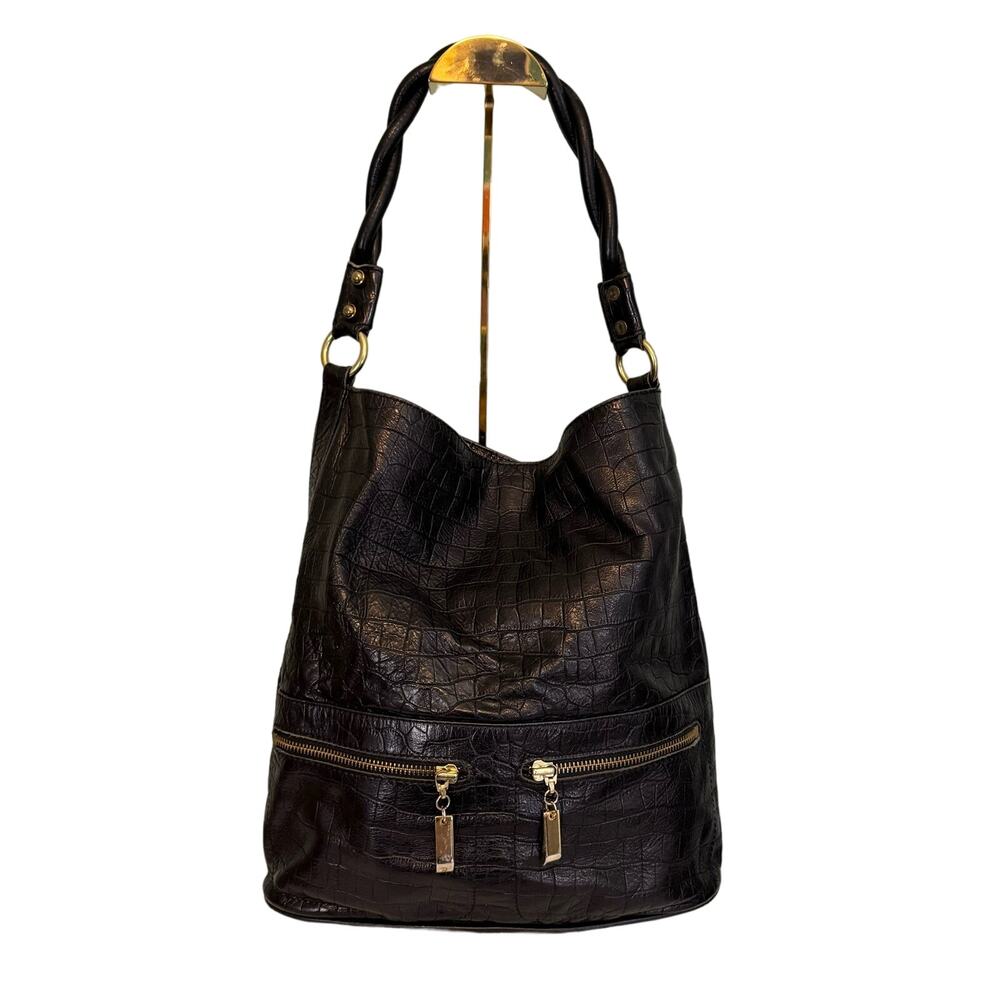 Co-Lab Christopher Kon Hobo Shoulder Bag Reptile Croc Embossed Leather Black